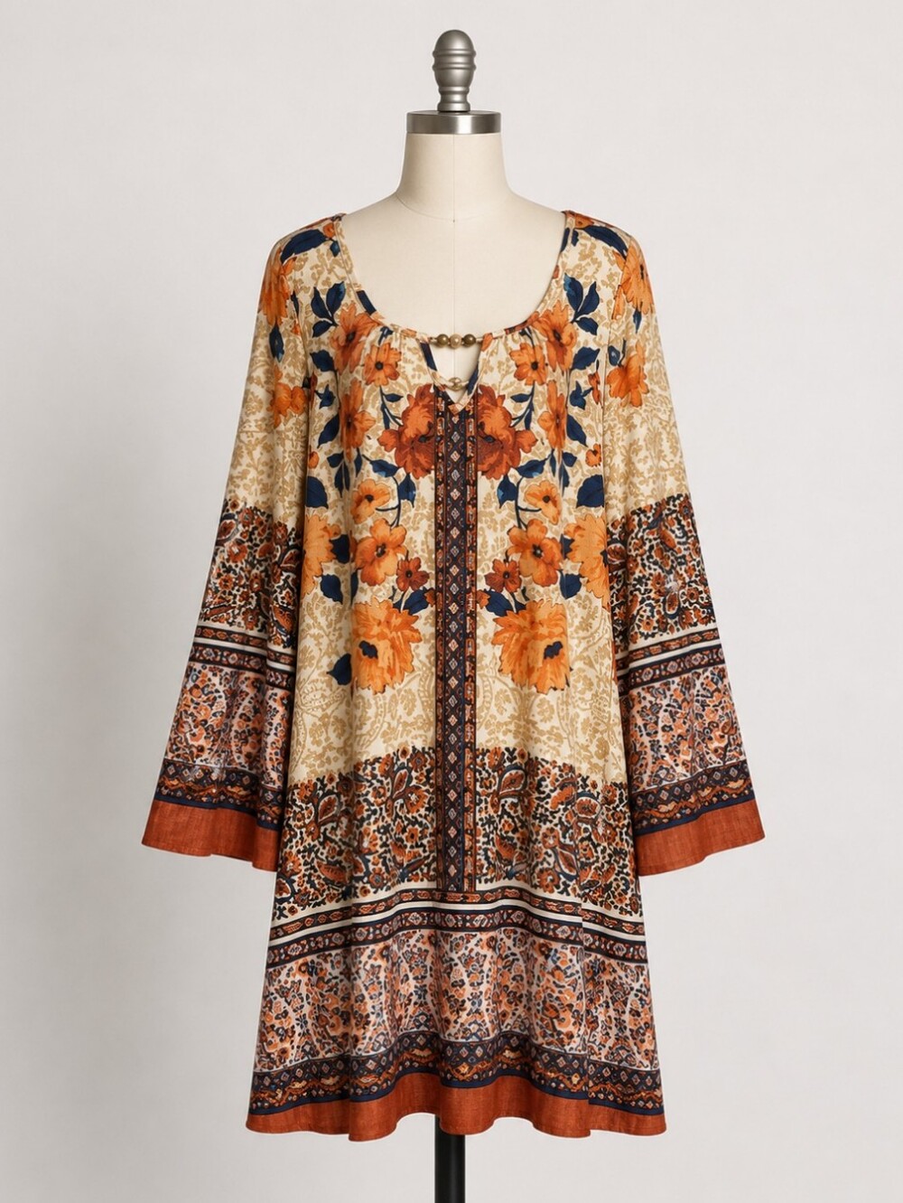 One World Bohemian Floral Dress Size Medium Bell Sleeve Flowy Summer Dress